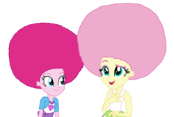 Size: 1086x736 | Tagged: safe, artist:ktd1993, fluttershy, pinkie pie, equestria girls, g4, afro, alternate hairstyle, female, lesbian, ship:flutterpie, shipping, simple background, transparent background