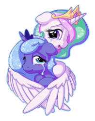 Size: 1100x1400 | Tagged: safe, artist:bobdude0, princess celestia, princess luna, alicorn, pony, g4, bust, crying, cute, cutelestia, duo, female, hug, lunabetes, mare, royal sisters, s1 luna, sibling love, siblings, simple background, sisterly love, sisters, smiling, tears of joy, transparent background, winghug