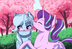 Size: 1280x883 | Tagged: safe, artist:mrscroup, starlight glimmer, trixie, pony, unicorn, g4, animated, blushing, cute, diatrixes, ear fluff, eyes closed, female, gif, glimmerbetes, lesbian, looking away, mare, nuzzling, ship:startrix, shipping, tree