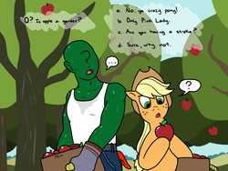 Size: 2400x1800 | Tagged: safe, artist:pony quarantine, color edit, edit, applejack, oc, oc:anon, earth pony, pony, g4, ..., 4chan, apple, apple tree, bucket, clothes, colored, cowboy hat, drawthread, eyes on the prize, food, gender, gloves, hat, hoof hold, jeans, pants, question, question mark, speech bubble, stetson, sweat, tank top, tree
