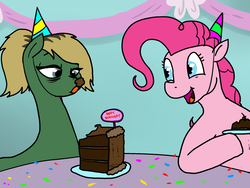 Size: 2400x1800 | Tagged: safe, artist:pony quarantine, pinkie pie, oc, oc:shuteye, earth pony, pony, g4, 4chan, birthday, birthday cake, cake, drawthread, food, hat, licking, open mouth, party hat, plate, table, tongue out