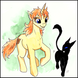 Size: 600x606 | Tagged: safe, artist:veda, oc, oc only, oc:mraka, oc:tammy hunter, pony, unicorn, duo, female, furryguys, pet, ponified, traditional art, watercolor painting