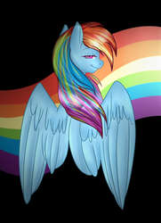 Size: 1137x1572 | Tagged: safe, artist:inoty-dzihicko, rainbow dash, pony, g4, back, black background, female, looking at you, simple background, solo