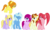 Size: 4000x2400 | Tagged: safe, artist:luckyclau, blaze, fuchsia blush, lavender lace, pacific glow, peachy pitt, trixie, pony, equestria girls, g4, alternate cutie mark, alternate mane six, alternate universe, equestria girls ponified, ponified, simple background, transparent background