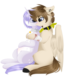 Size: 1024x1195 | Tagged: safe, artist:php146, oc, oc only, oc:harry stephen, oc:hurrem, pegasus, pony, unicorn, art trade, bandage, bandana, blood, blood stains, collar, couple, cute, ear piercing, female, fluffy, hoof on belly, looking back, male, oc x oc, piercing, pregnant, shipping, simple background, sitting, straight, transparent background, weapons-grade cute