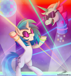 Size: 1796x1904 | Tagged: safe, artist:the-butch-x, dj pon-3, vinyl scratch, pony, unicorn, g4, commission, crossover, dancing, disco ball, duo, female, floating head, grin, mare, party, princess pony head, rave, smiling, star vs the forces of evil, sunglasses