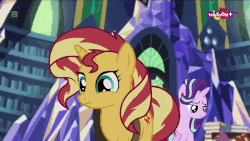 Size: 960x540 | Tagged: safe, edit, screencap, starlight glimmer, sunset shimmer, pony, unicorn, equestria girls, equestria girls specials, g4, mirror magic, animated, book, caption, curious, cute, female, gif, library, pawing the ground, portal, raised hoof, subtitles, talking, teletoon, text, twilight's castle