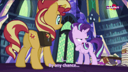 Size: 960x540 | Tagged: safe, edit, screencap, starlight glimmer, sunset shimmer, pony, unicorn, equestria girls, equestria girls specials, g4, my little pony equestria girls: mirror magic, animated, begging, book, caption, close-up, cute, female, gif, library, pawing the ground, portal, raised eyebrow, raised hoof, smiling, smirk, subtitles, talking, teletoon, text, twilight's castle
