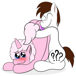 Size: 3000x3000 | Tagged: safe, artist:aarondrawsarts, oc, oc only, oc:brain teaser, oc:drawalot, pony, birthday, blushing, butt, butthug, cute, high res, hug, plot, simple background, transparent background