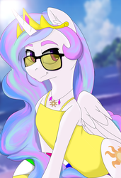 Size: 1024x1497 | Tagged: safe, artist:lula-moonarts, princess celestia, alicorn, pony, semi-anthro, g4, beach, beach ball, clothes, female, jewelry, mare, necklace, one-piece swimsuit, solo, sunglasses, swimsuit, yellow swimsuit