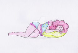 Size: 1024x701 | Tagged: safe, artist:norjor, pinkie pie, equestria girls, g4, clothes, female, pajamas, pillow, sleeping, solo, traditional art, watermark