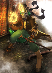 Size: 2375x3325 | Tagged: safe, artist:mykegreywolf, oc, oc only, oc:steam shadow, anthro, unguligrade anthro, anthro oc, badass, cane, clothes, commission, fire, glowing horn, hat, high res, horn, magic, male, pants, solo, stallion, steam, steampunk