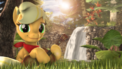 Size: 4000x2250 | Tagged: safe, artist:redaceofspades, applejack, earth pony, pony, g4, 3d, acoustic guitar, bandana, female, freckles, grass, guitar, hoof hold, looking at you, mare, musical instrument, scenery, solo, tree, waterfall