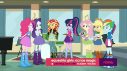 Size: 1366x768 | Tagged: safe, screencap, applejack, fluttershy, pinkie pie, rainbow dash, rarity, sci-twi, spike, spike the regular dog, sunset shimmer, twilight sparkle, dog, equestria girls, equestria girls specials, g4, my little pony equestria girls: dance magic, boots, clothes, cowboy boots, discovery family logo, drums, glasses, hand on hip, hands behind back, high heel boots, humane five, humane seven, humane six, musical instrument, piano, shoes, the rainbooms, youtube link