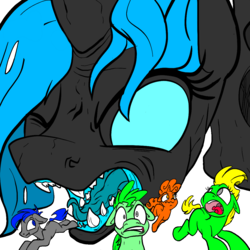 Size: 1200x1200 | Tagged: safe, artist:transparentist, artist:tsitra360, color edit, edit, oc, oc only, oc:fleet wing, oc:honeymelon blitz, changeling, earth pony, pony, blue tongue, colored, colored sketch, fangs, female, implied vore, macro, male, micro, no pupils, open mouth, running, scared, sharp teeth, simple background, stare down, staredown, teeth, tongue out, transparent background