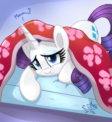 Size: 960x1050 | Tagged: safe, artist:joakaha, rarity, pony, unicorn, g4, bed, bedsheets, blanket, cute, dialogue, female, mare, raribetes, signature, smiling, solo, tired, worried