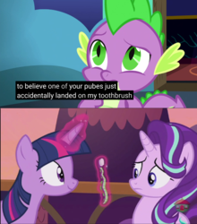 Size: 1440x1635 | Tagged: safe, artist:dwk, screencap, spike, starlight glimmer, twilight sparkle, alicorn, dragon, pony, totally legit recap, a royal problem, every little thing she does, g4, caption, implied pubic hair, meme, spikebrush, subtitles, toothbrush, treehouse logo, twilight sparkle (alicorn), youtube caption