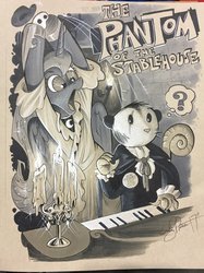 Size: 767x1024 | Tagged: safe, artist:andypriceart, princess luna, tiberius, alicorn, opossum, pony, g4, grayscale, mask, monochrome, musical instrument, phantom of the opera, piano, traditional art