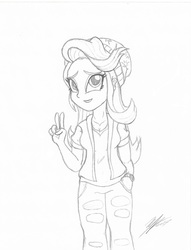 Size: 1700x2222 | Tagged: safe, artist:artponymdp, starlight glimmer, equestria girls, equestria girls specials, g4, my little pony equestria girls: mirror magic, beanie, clothes, female, hat, lineart, monochrome, peace sign, signature, solo, torn clothes, traditional art