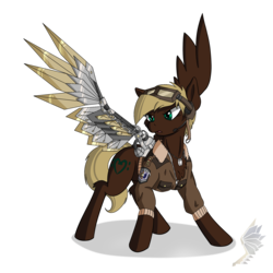Size: 2000x2000 | Tagged: safe, artist:steelwing-studio, oc, oc only, oc:aquila medley, pegasus, pony, amputee, augmented, bomber jacket, clothes, female, goggles, high res, jacket, mare, prosthetic limb, prosthetic wing, prosthetics, simple background, solo, transparent background