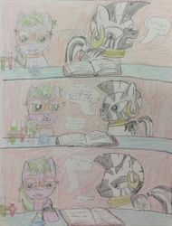 Size: 1949x2566 | Tagged: safe, artist:grassy blade, zecora, oc, oc:poison splash, vampire, vampony, zebra, g4, fangs, female, goggles, potions, speech bubble, talking, traditional art