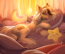 Size: 2300x1900 | Tagged: safe, artist:nightskrill, oc, oc only, earth pony, pony, bed, bedroom eyes, fluffy, looking at you, pillow, solo, sunset