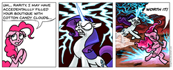 Size: 942x384 | Tagged: safe, artist:gingerfoxy, pinkie pie, rarity, earth pony, pony, unicorn, pony comic generator, g4, abuse, angry, comic, glowing, glowing horn, horn, pinkiebuse, worth it