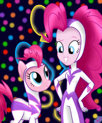 Size: 2500x3000 | Tagged: safe, artist:liniitadash23, fili-second, pinkie pie, earth pony, human, pony, equestria girls, equestria girls specials, g4, my little pony equestria girls: movie magic, clothes, costume, duo, female, grin, high res, human ponidox, looking at each other, mare, power ponies, self ponidox, show accurate, smiling