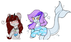 Size: 1531x900 | Tagged: safe, artist:trickate, oc, oc only, original species, pony, shark pony, clothes, duo, fangs, female, gritted teeth, horn, looking at you, mare, simple background, sweater, transparent background