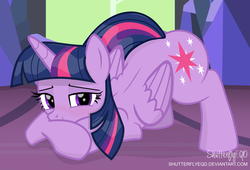 Size: 2904x1969 | Tagged: safe, artist:shutterflyeqd, twilight sparkle, alicorn, pony, g4, blushing, commission, crossed hooves, face down ass up, female, looking at you, mare, smiling, solo, twilight sparkle (alicorn), twilight's castle