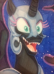 Size: 2261x3082 | Tagged: safe, artist:sasuke419, nightmare moon, pony, g4, female, high res, open mouth, sharp teeth, solo, teeth, traditional art