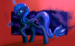 Size: 2185x1339 | Tagged: safe, artist:1deathpony1, princess luna, alicorn, pony, g4, alternate hairstyle, chest fluff, female, fidget spinner, floppy ears, fuzy, magic, ponytail, question mark, raised hoof, solo, telekinesis, toy