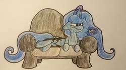 Size: 4593x2578 | Tagged: safe, artist:dark shadow, princess luna, pony, g4, angry, annoyed, blue, controller, couch, female, high res, lying down, playing, sitting, solo