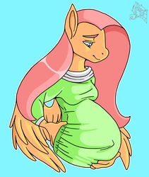 Size: 2700x3200 | Tagged: dead source, safe, artist:artistdragon, fluttershy, anthro, g4, blue background, clothes, female, high res, preggoshy, pregnant, shirt, simple background, solo