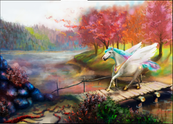 Size: 1024x737 | Tagged: safe, artist:houseart136, princess celestia, alicorn, horse, pony, g4, autumn, bridge, female, forest, hoers, lake, leaves, missing horn, running, scenery, solo