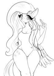 Size: 1024x1451 | Tagged: safe, artist:tealightcakes, fluttershy, anthro, g4, butt wings, clothes, female, monochrome, one-piece swimsuit, simple background, solo, swimsuit
