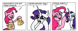 Size: 1466x597 | Tagged: safe, artist:gingerfoxy, pinkie pie, rarity, earth pony, pony, unicorn, pony comic generator, g4, comic, donut, drama queen, dramatic, food, marshmelodrama, out of character, random