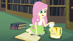 Size: 1280x720 | Tagged: safe, screencap, angel bunny, fluttershy, equestria girls, g4, my little pony equestria girls: friendship games, backpack, book, canterlot high, clothes, cute, eyes closed, female, library, open mouth, petting, shelf, skirt, tank top
