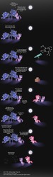 Size: 3419x11379 | Tagged: safe, artist:perfectblue97, pinkie pie, princess luna, twilight sparkle, alicorn, earth pony, pony, comic:without magic, g4, absurd resolution, blank flank, book, comic, constellation, coprolite, drawer, dream, earth pony twilight, full moon, mare in the moon, moon, pointy ponies, poop joke, telescope, toilet humor