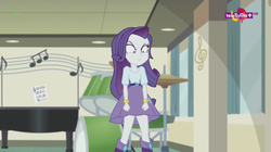 Size: 1136x638 | Tagged: safe, screencap, rarity, equestria girls, equestria girls specials, g4, my little pony equestria girls: dance magic, angry, canterlot high, clothes, drums, female, looking at you, musical instrument, solo, teletoon