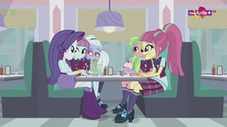 Size: 1136x638 | Tagged: safe, screencap, lemon zest, rarity, sour sweet, sugarcoat, sunny flare, equestria girls, equestria girls specials, g4, my little pony equestria girls: dance magic, cafe, crystal prep academy uniform, food, glasses, ice cream, looking at each other, open mouth, ponytail, school uniform, sitting, smoothie, teletoon