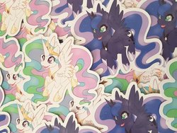 Size: 1024x768 | Tagged: safe, artist:ellesdoodlebox, princess celestia, princess luna, alicorn, pony, g4, duo, flying, open mouth, royal sisters, smiling, sticker