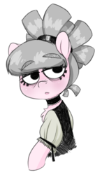 Size: 487x833 | Tagged: safe, artist:whydomenhavenipples, oc, oc only, pony, chest fluff, choker, clothes, lidded eyes, looking back, shirt, simple background, solo, white background