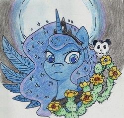 Size: 1579x1500 | Tagged: safe, artist:kuroneko, derpibooru exclusive, princess luna, tiberius, alicorn, pony, g4, cactus, female, flower, jewelry, moon, solo, tiara, traditional art