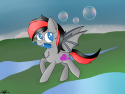 Size: 3264x2448 | Tagged: safe, artist:luriel maelstrom, oc, oc only, oc:shadow dark-heart, bat pony, pony, vampire, vampony, background is better than the main character, blue eyes, bubble, bubble wand, chest fluff, colored, cute, grass, high res, looking at you, running, shiny mane, solo, two toned mane