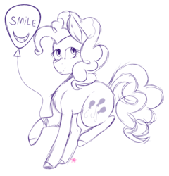 Size: 4737x4942 | Tagged: safe, artist:doux-ameri, pinkie pie, earth pony, pony, g4, absurd resolution, balloon, female, monochrome, raised hoof, simple background, sketch, smiling, solo, transparent background
