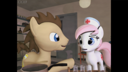 Size: 3840x2160 | Tagged: safe, artist:goatcanon, doctor whooves, nurse redheart, time turner, earth pony, pony, g4, 3d, bbc, bench, bottle, crossover, doctor who, duo, high res, hospital, office, pills, pot, shelf, source filmmaker, test tube, tom baker, toolbox