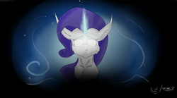 Size: 1689x936 | Tagged: safe, artist:zeezou2, rarity, pony, g4, female, glowing eyes, glowing horn, horn, magic, signature, solo