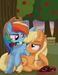 Size: 600x777 | Tagged: safe, artist:tambelon, applejack, rainbow dash, pony, g4, accessory swap, apple, chocolate, female, flower, flower in mouth, food, lesbian, mare, mouth hold, rose, ship:appledash, shipping, sweet apple acres, tree