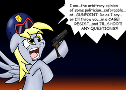 Size: 1648x1183 | Tagged: safe, artist:sonigoku, derpy hooves, pegasus, pony, g4, angry, bipedal, cross-popping veins, dexterous hooves, ears back, female, gradient background, gun, helmet, hoof hold, i am the law, judge dredd, m1911, mare, open mouth, parody, satire, signature, solo, speech bubble, spread wings, weapon, wings, yelling